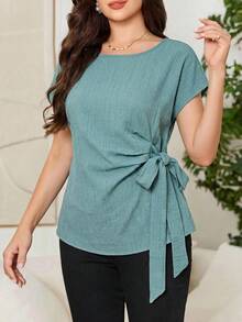 SHEIN Clasi Damen Bluse in Unifarbe mit Rundhalsausschnitt und Knoten-Design, lässig und vielseitig für den Alltag und Ausflüge - Grün - Übersicht 3