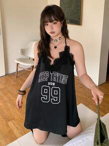 Dazy Plus 字母印花對比蕾絲街頭休閒短款吊帶大尺碼女款黑色性感迷你洋裝 夏季 - 黑色 - 查看 4