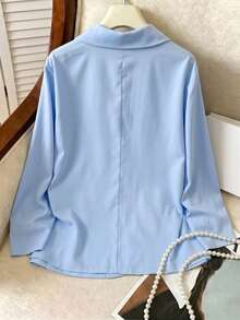 Franclia Casual Elegant Minimalist French Style Blazer Jacket For Outing, Work, Commute, Blue Buttons, Faux Pockets, Cropped Sleeves With Cuff Design, Light Blue, Summer, All Seasons, Plus Size Women's Blazer - Blue - View 2
