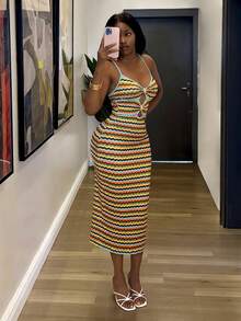 Glyssa Summer Vacation Colorful Wavy Striped Knit Bodycon Dress For Women, Heart-Shaped Neckline With Thin Shoulder Straps, Hollow-Out Detail, Slim Fit, Mid-Length Dress Suitable For Party And Club Occasions - Multicolor - View 7