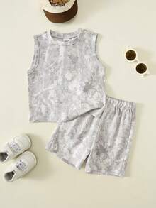 SHEIN Babyboy Street Style Versatile Printed Pattern Loose Tank Top & Elastic Waist Shorts Set - Multicolor - View 8