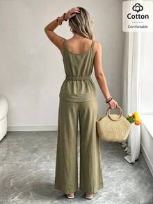 Cévolie Women's Solid Color Camisole Top And Long Pants Casual Vacation Set Olive Green Summer - Green - View 2