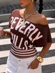Muchica Women's Summer Casual Street Wear Y2k Brown And Pink Patchwork Letter Print Asymmetric Neck T-Shirt Tops World Cup Going Out Night Out City Break - Coffee Brown - View 7