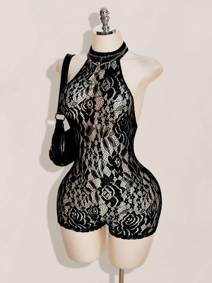 SHEIN ICON 女款花卉蕾絲性感透視掛脖貼身連身褲 - 黑色 - 查看 1