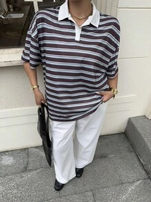 Muchica 女款大尺碼條紋休閒寬鬆版型T恤 - 彩色 - 查看 4