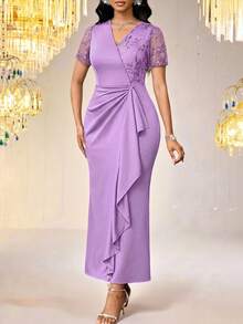 SHEIN Lady Vestido de mujer con bordado, parches de malla y volantes en el bajo, color lavanda - Púrpura malva - Ver 7