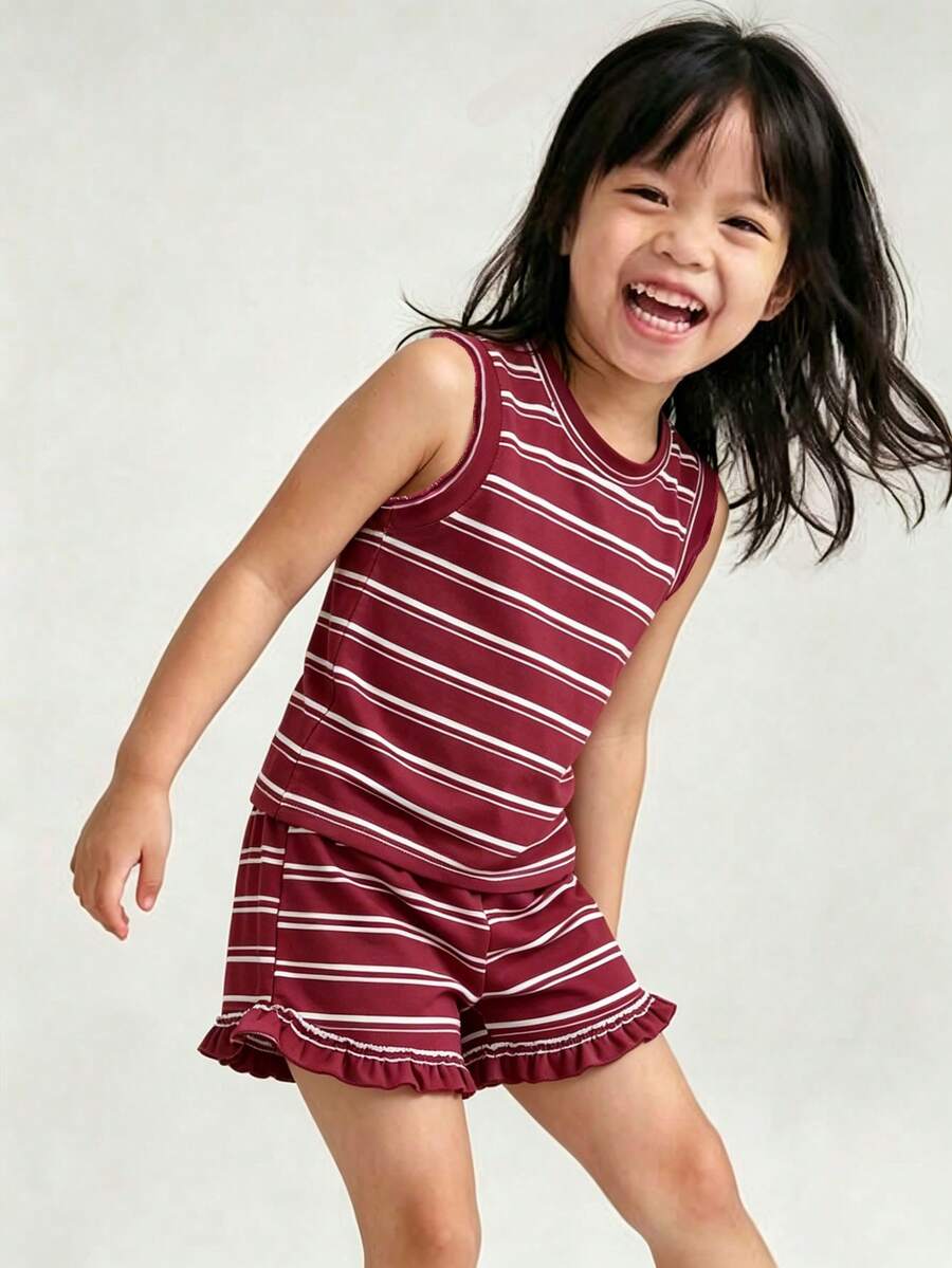 SHEIN Vintaside Kids 2件裝少女條紋針織寬鬆背心上衣與短褲套裝，適合日常休閒、度假、運動與旅行，夏季完美穿搭 - 酒紅色 - 查看 1