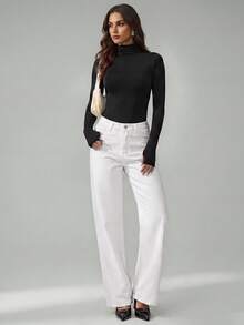 SHEIN Tall Women's Black Solid-Color Comfortable Knit Long-Sleeve Simple Pleated Fitted Jumpsuit - Black - View 5