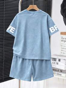 兒童青少年男孩休閒舒適時尚簡約圓領短袖T恤與短褲套裝 - 白色 - 查看 2