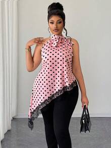 Maweii Camisa sin mangas con lunares, cordones y dobladillo asimétrico para mujer de talla grande - Rosa - Ver 5