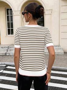 Serisse Top de punto de manga corta con rayas y bloques de color casual - Marrón Mocha - Ver 2