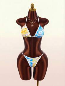 Amplova Women's 2 Pieces Swimwear Set, Camouflage Colorblock Sexy Design, Vacation Wear, Y2K Sexy Style, Backless Strap Shorts Set Rhinestone Decor - Pink - View 3