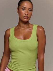 MUSERA ESSENTIALS Ribbed Scoop Neck Fitted Tank Vest Top Cute Everyday Basics Sexy Daily Spring Summer Essential - Lime Green - View 2