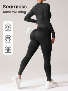 Sirith Seamless High Stretch Ribbed Sand Wash Sports Jumpsuit - Black - View 2