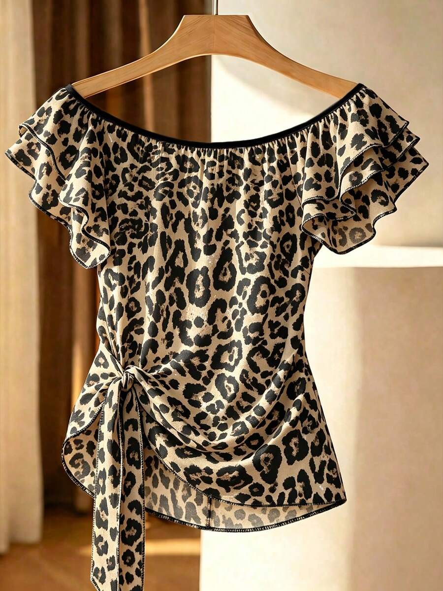 Franclia Top de Talla Grande Estilo Francés con Cuello Cuadrado, Volantes y Rayas - Caqui - Ver 1