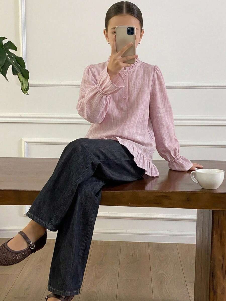 DAZY Round Neck Long Sleeve Striped Loose Casual Shirt With Ruffle Design For Tween Girls Fall - Pink - View 1