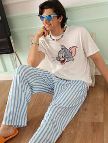 Chillnights TOM & JERRY X SHEIN Men's Cartoon Print Short Sleeve Top And Striped Long Pants Casual Daily Home Wear Set - Blue - View 4