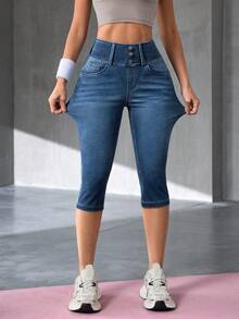 SHEIN Essnce 女款休閒日常牛仔七分褲附口袋 - 深色水洗藍 - 查看 3