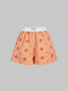 SHEIN MOD 女款休閒寬鬆 Hi-Letter 條紋腰帶彈性腰短褲 - 橘色 - 查看 5