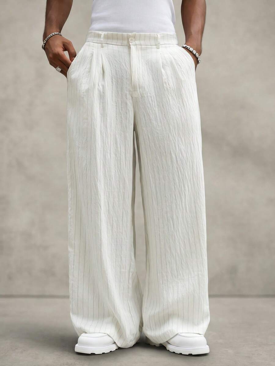 PAVTROS Pantalones de lino con rayas verticales holgados de pierna ancha para hombre - Beis - Ver 1