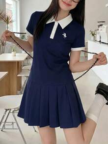 SHEIN Teen Girls Navy Blue Polo Collar Embroidered Pleated Hem Casual Dress, School Uniform Style - Multicolor - View 5