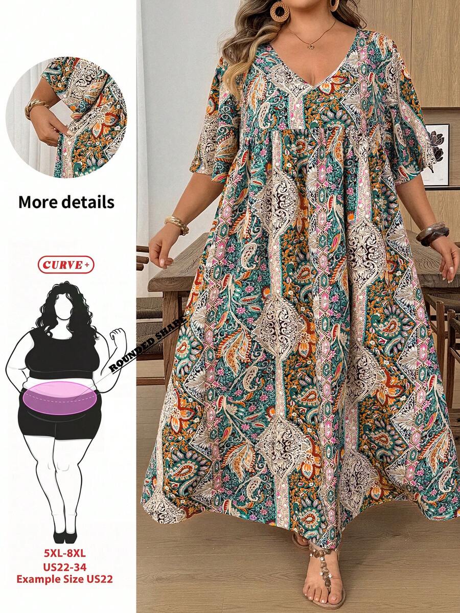 SHEIN CURVE+ 大尺碼女款腰果花紋寬鬆休閒度假洋裝 - 彩色 - 查看 1