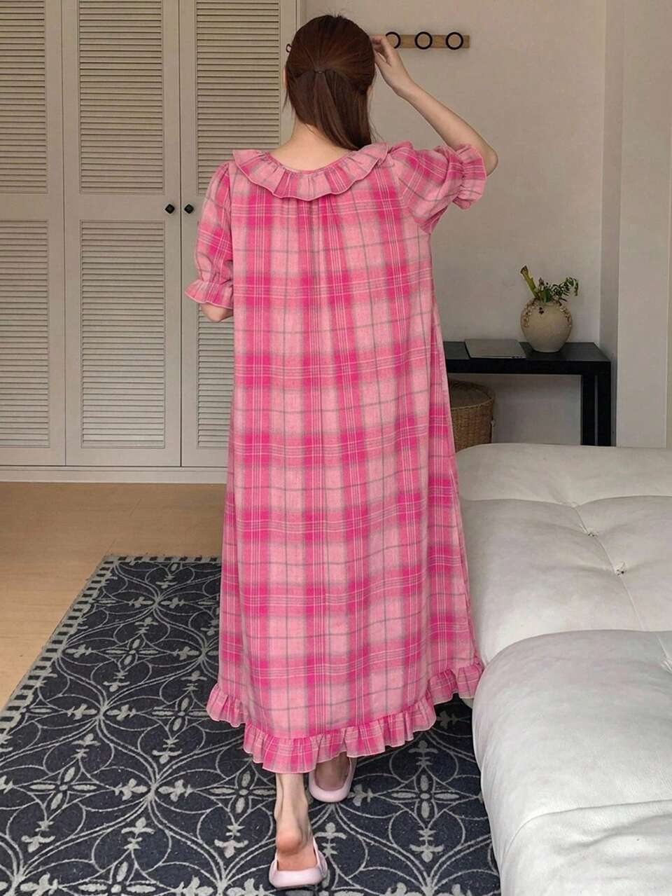 Plaid Ruffle Petal Sleeve Long Dress Women's Nightgown