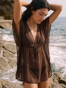Maija Women's Solid Color Sheer Beach Party Vacation Cover-Up Chocolate Brown Summer Sexy - Rust Brown - View 5