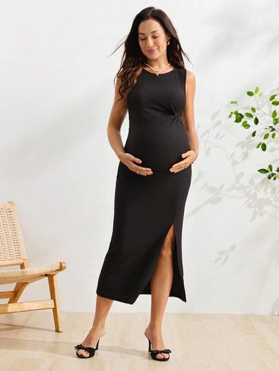 SHEIN Women's Long Black Tank Top Knot Front Slit Casual Maternity Dress