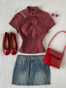 Comfortcana Women's Summer Casual Plaid Tie-Front Top - Red - View 5