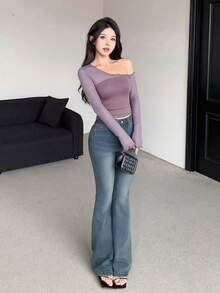 DAZY 女士网眼拼接不对称肩部长袖修身上衣外出上衣 - 紫色 - 查看 2