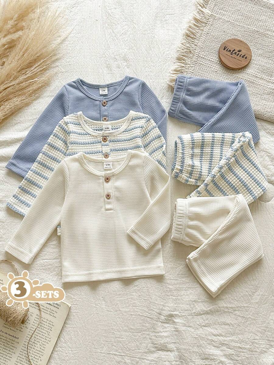 SHEIN Vintaside Kids 6件/3套男嬰簡約休閒田園風華夫格針織條紋圓領長袖上衣與配套長褲套裝,適合日常穿著 - 淺藍色 - 查看 1
