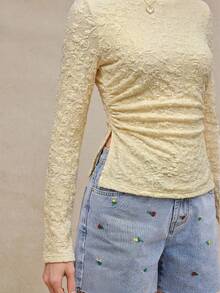 WESTFADE Western Cowgirl Lace Boatneck Ruched Split Side Semi Sheer Fitted Long Sleeve T-Shirt Top Spring Break, Female Country Look, Rodeo, Back To School - Light Yellow - View 3