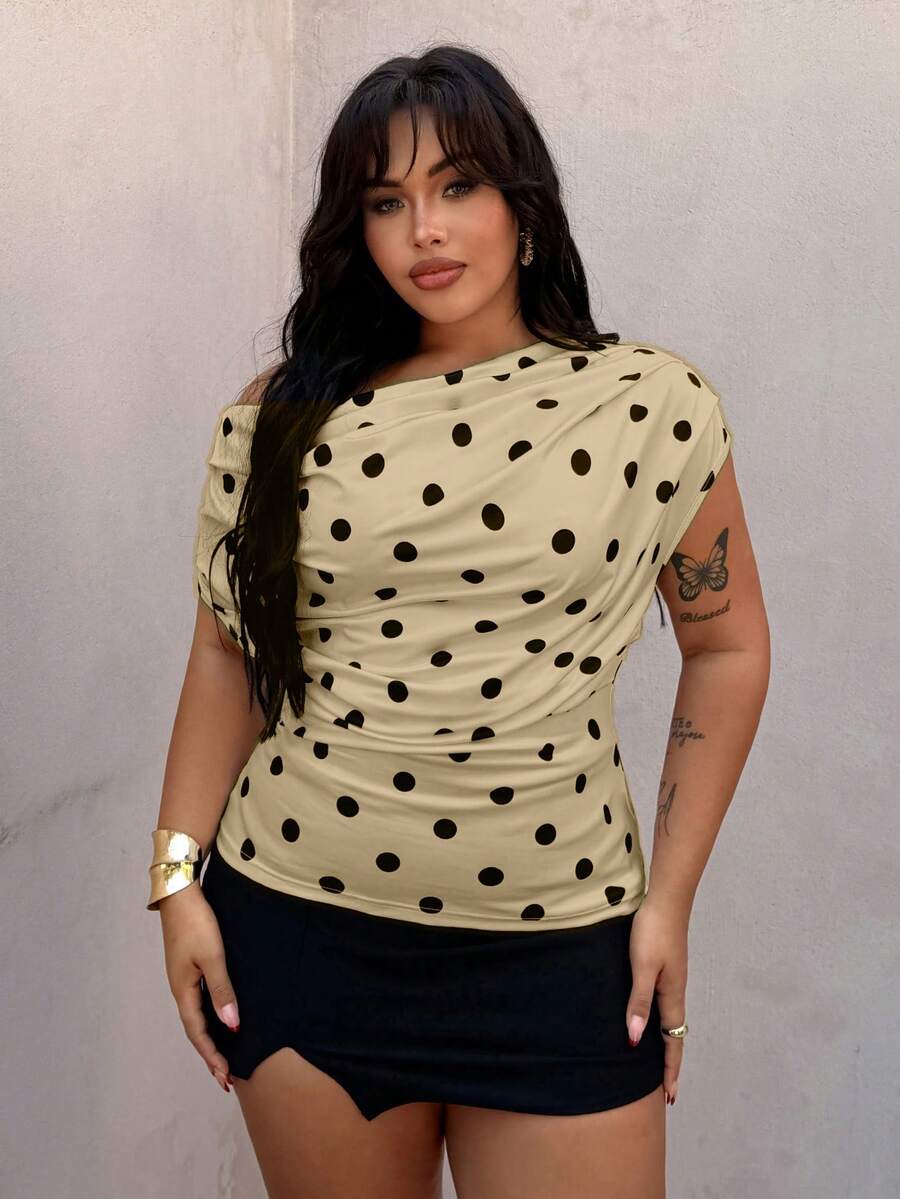 Rustia Plus Size Polka Dot Scoop Neck Sleeveless T-Shirt, Spring/Summer - Apricot - View 1
