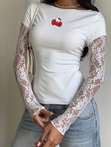 CovetEZ HELLO KITTY AND FRIENDS | SHEIN 休閒性感可愛風聯名款 95%棉 夏季休閒黑色針織蕾絲拼接 2合1 女款長袖上衣，適合春夏穿著 - 白色 - 查看 3