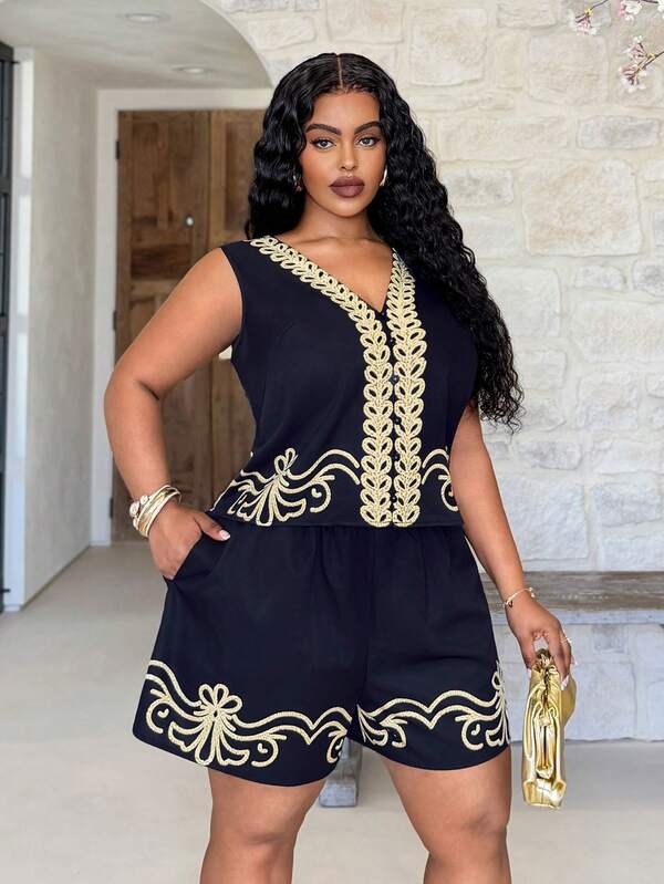 Veslaya Conjunto de 2 piezas para mujer talla grande Primavera/Verano 2026, estilo nuevo festival de música, Pascua, nómada, fiesta de cumpleaños, temporada de graduación, estilo universitario, ropa de estudiante, elegante para banquete y baile, casual de alta gama, elegante con estampado playero, top corto sin mangas con cuello en V y shorts