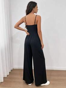 SHEIN Franclia Women's Black Jumpsuit, Spaghetti Strap Wide Leg Jumpsuit, Suitable For Summer - Black - View 3