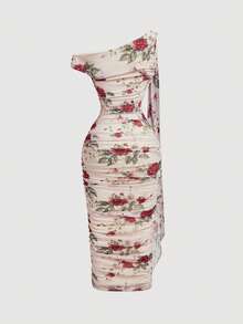 SHEIN MOD Chic Women's Red Rose Print Midi Dress With One Shoulder Design And Ruched Detail Ideal For Parties - Multicolor - View 4
