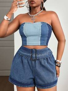 Slaydiva Plus Size Women's Non-Stretch Denim Shorts, High Waist Metal Button Decor Casual Loose Fit Denim Shorts, Cowboy Outfits For Women Navy Blue Summer - Medium Wash - View 6