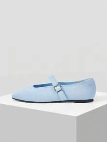 MOTF PREMIUM PU LEATHER BUCKLE MARY JANE FLAT SHOES FOR CHRISTMAS SPRING SHOES - Light blue - View 3