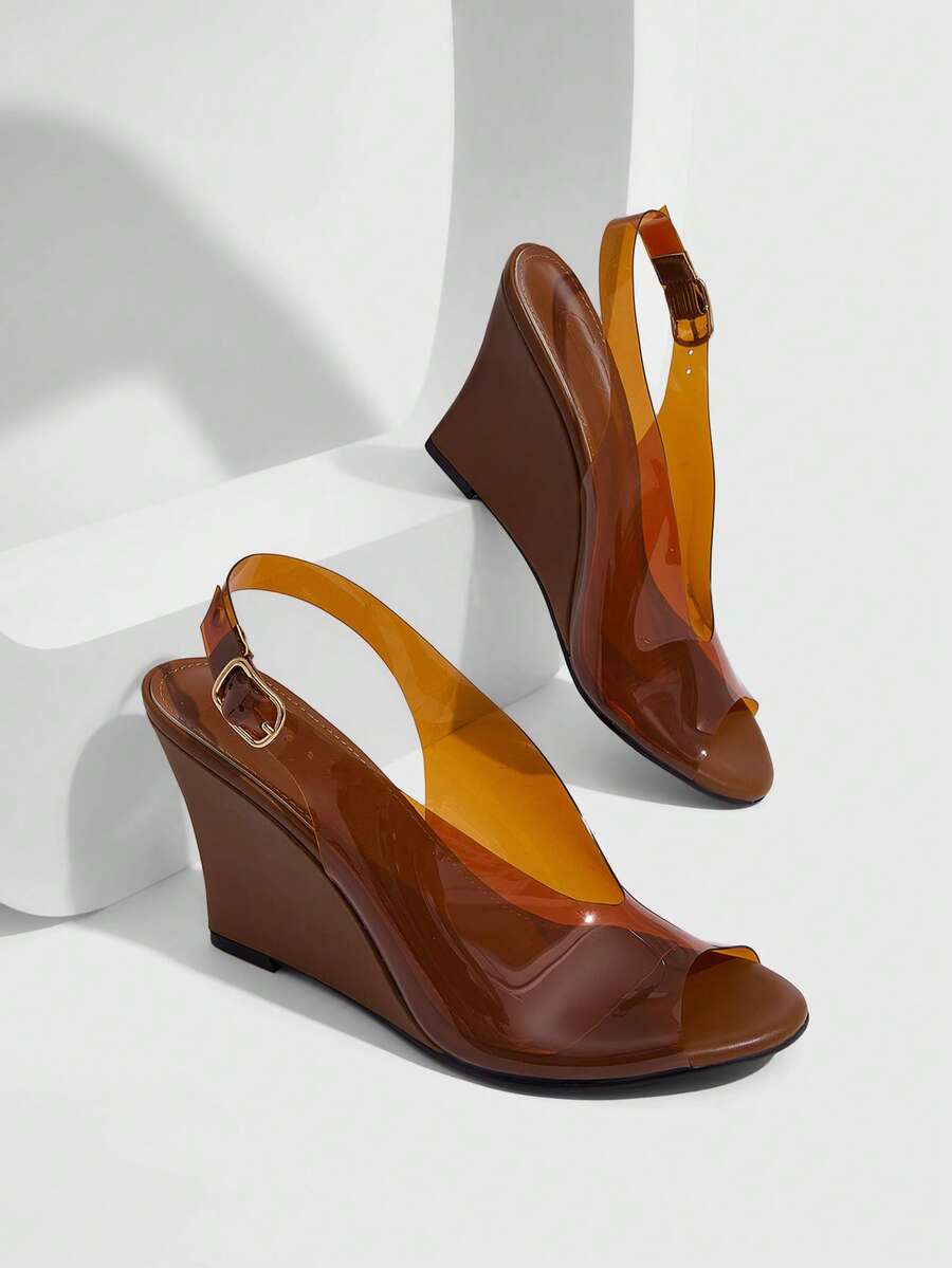 CUCCOO SZL 女款時尚優雅楔形粗高跟涼鞋,圓頭露趾後扣帶 Slingback 玻璃膠款,適合春夏秋季 - 駝色 - 查看 1