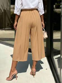 Lunelith SHEIN Lunessa Women's Summer Khaki Wide Leg Casual Capri Pants - Khaki - View 2