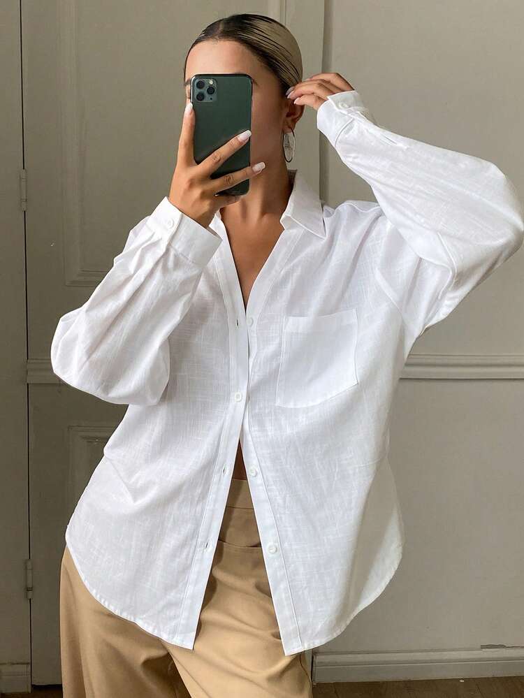 DAZY Women's Solid Color Single-Breasted Pocket Loose Long Sleeve Shirt - White - View 3