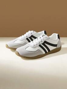 CUCCOO EASI Zapatos casuales planos para mujer con cordones, versátiles para salir, zapatos de entrenamiento moral universitario - Blanco y Negro - Ver 5