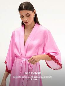 LUVLETTE 夏季女士性感丝滑缎面奢华蕾丝边粉色系带透气家居服睡袍内衣情人节礼物睡衣婚礼用品 - 藕粉色 - 查看 6