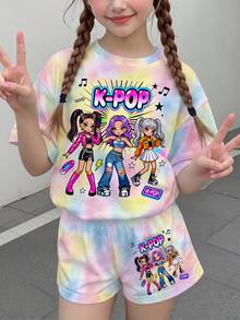 青少年女孩卡通女孩 K-Pop 卡通女團印花圖案 彩色漸層 短袖 T 恤與短褲 2 件套 假期 Y2K 風格 - 彩色 - 查看 2