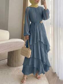 Solavon New Ruched Multi-Layer Flounce Cinched Waist Flowy Beach Dress, Flattering And Suitable For Vacation And Beach Unlined Sleeves - Blue - View 10