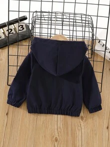 SHEIN Playful Pals One Piece 男嬰休閒刺繡連帽拉鍊單袖夾克 春/秋季外出穿著 - 寶藍色 - 查看 2