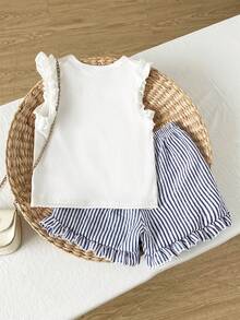 SHEIN Playful Pals 女童針織提花乳白色荷葉邊背心與粉色荷葉邊短褲套裝，可愛甜美嬰兒夏季穿搭 - 寶藍色 - 查看 2