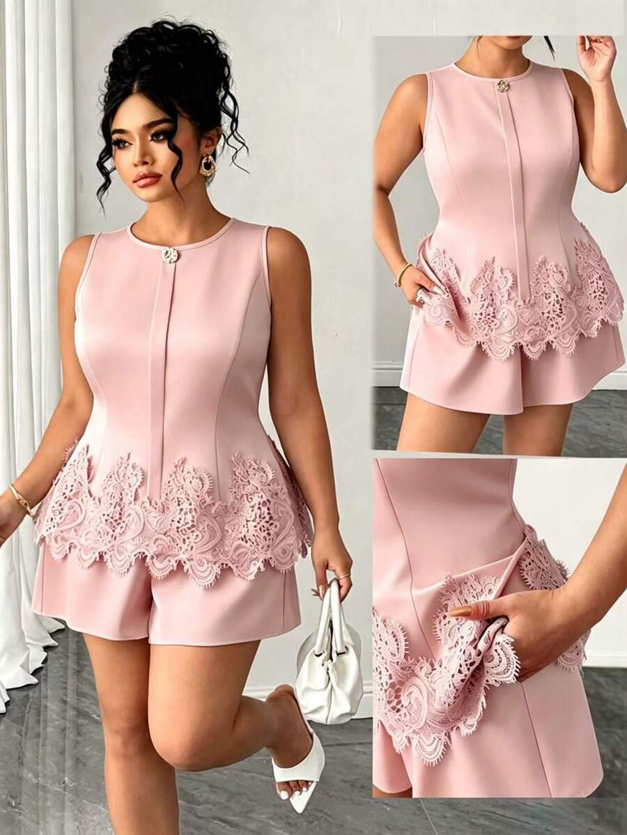 SHEIN Clasi Plus Size Women's Elegant Dusty Pink Hemline Patchwork Lace Button Decor Shirt, Summer 2-Piece Set Dyed Tank Top, Sleeveless Party Formal Evening Prom - Pink - View 1